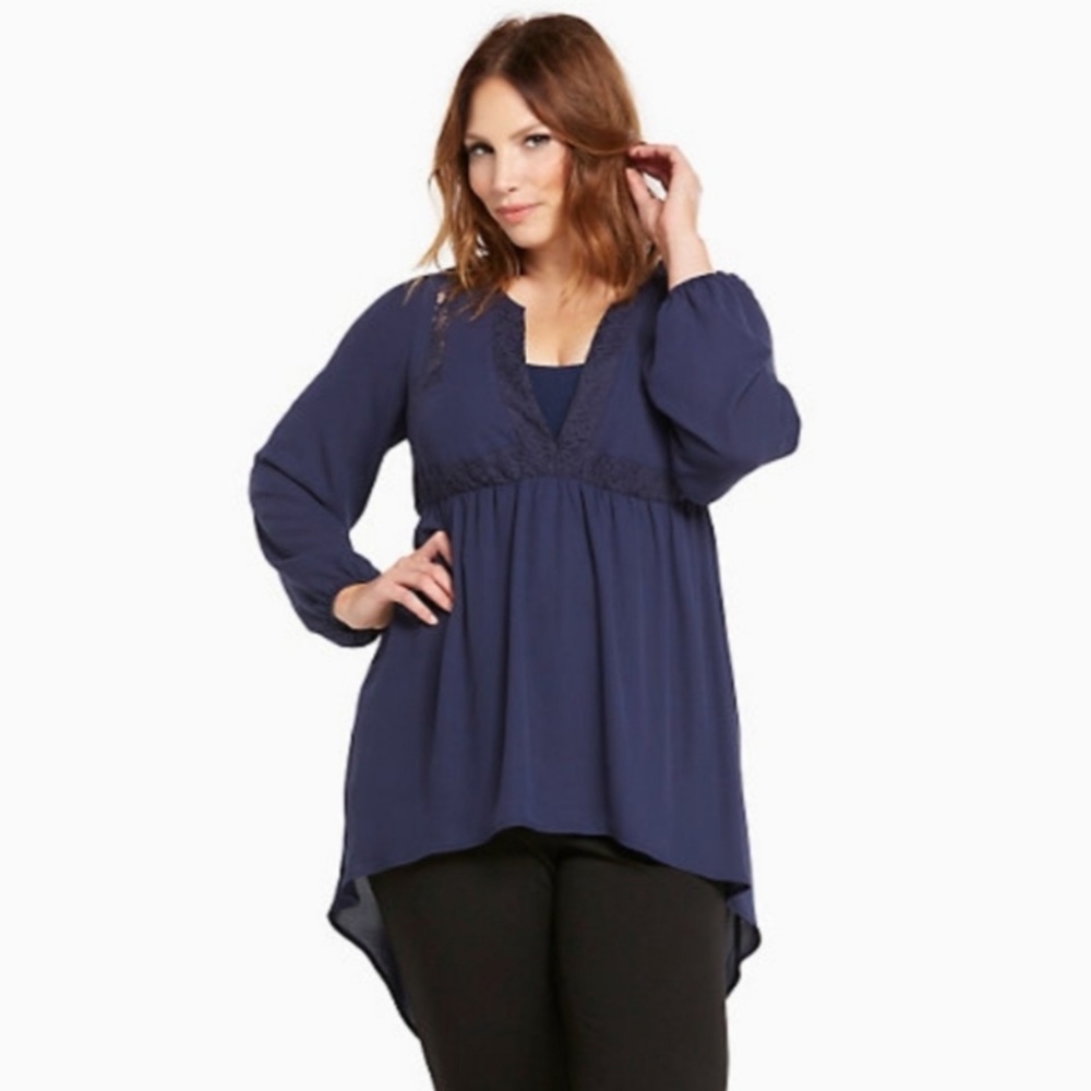Torrid Navy Lace Georgette Deep V Hi Lo Blouse